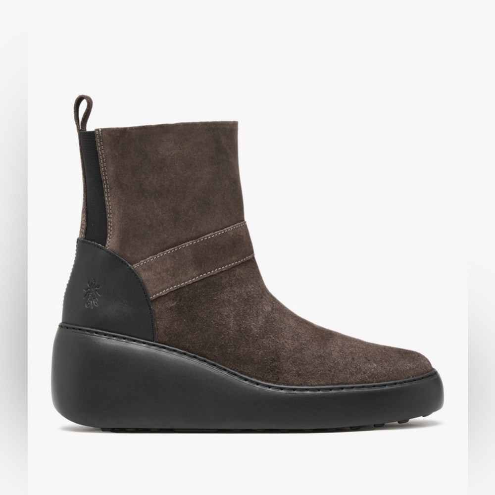 Fly London Doxe Anthracite | Black Suede Wedge Ankle Boots | Size 10 US 41 EU
